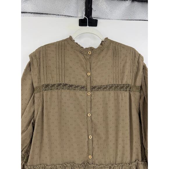 Pilcro Long Sleeve Mock Neck Swing Mini Dress Size L Rustic Olive Boho Eyelet - Picture 13 of 16